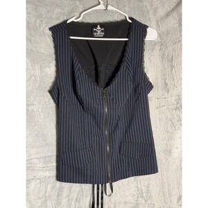Lip Service Pinstripe Corset Vest Zip Front Lace Up Back Blue Black size 1 16/18
